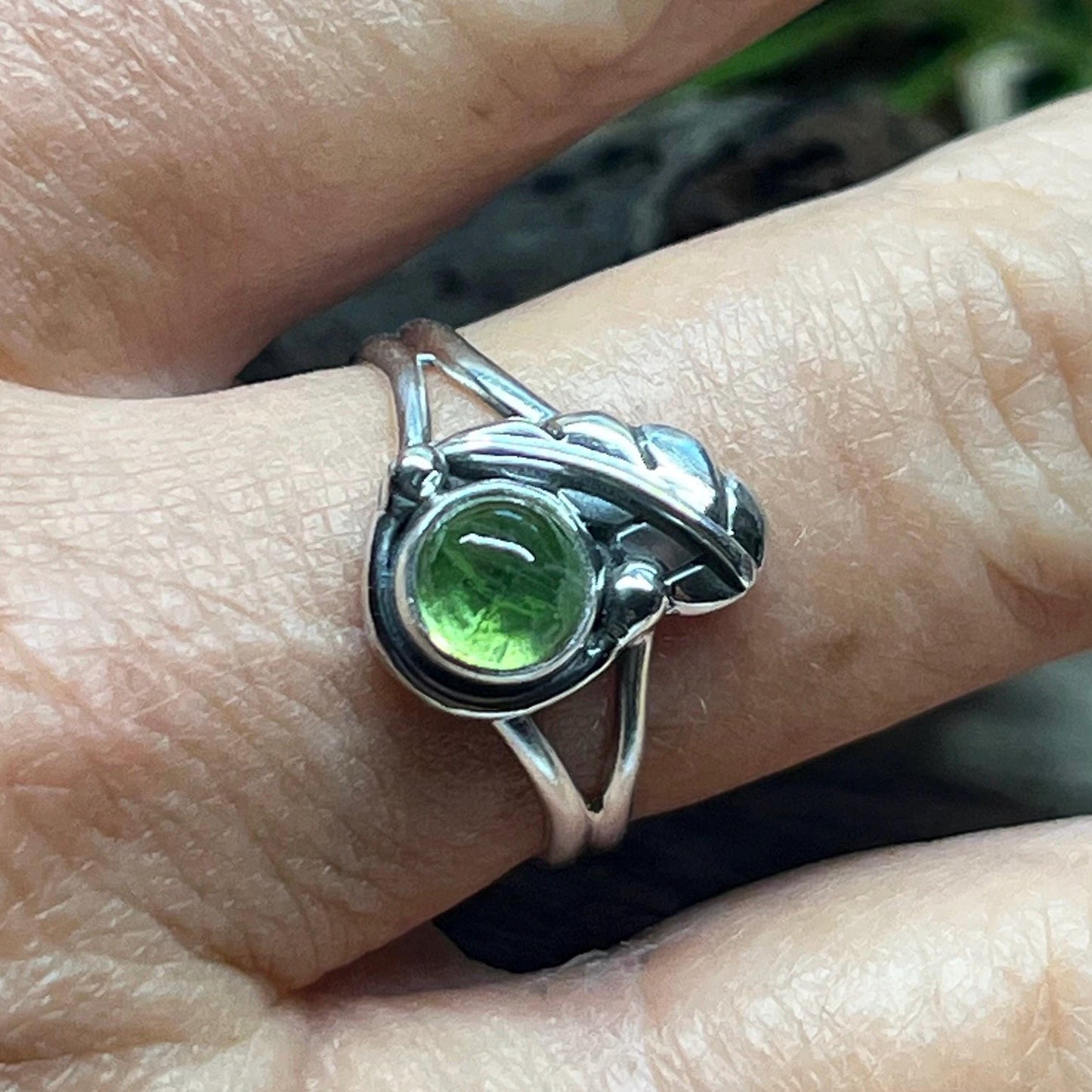 Peridot Leaf Sterling Silver Ring Size 7.5 Handmade 925 Silver Ring Natural Peridot August Birthstone Ring Artisan Nature Jewelry