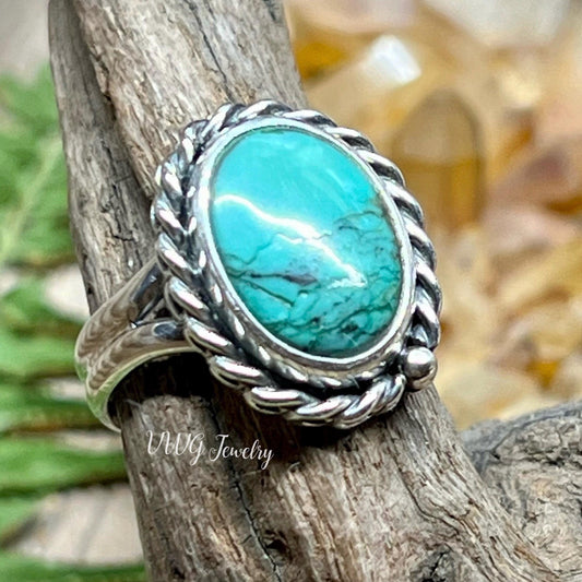 Turquoise Sterling Silver Rope Ring Size 6.5 Handmade 925 Artisan Natural Blue Gemstone