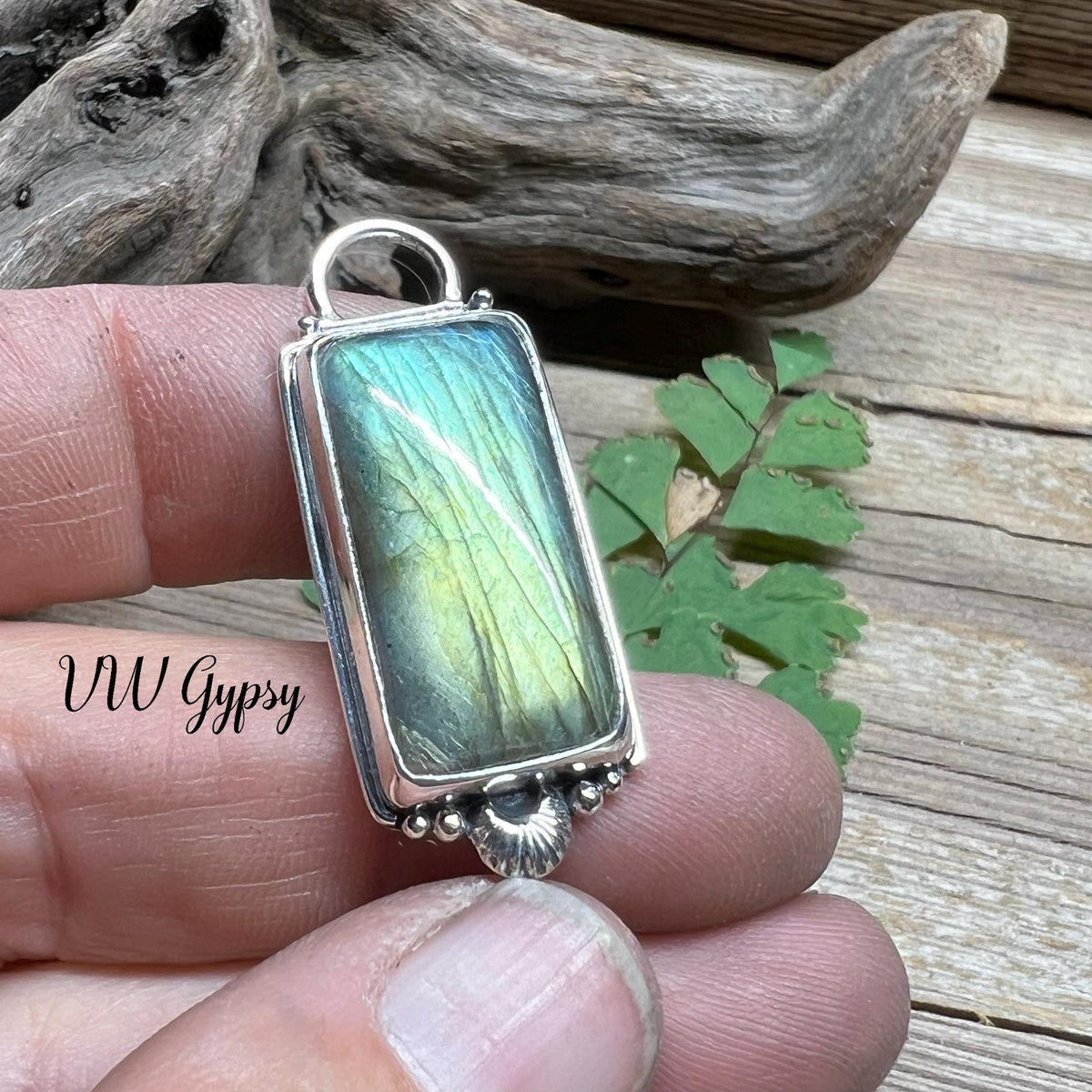 Blue & Green Labradorite Pendant – Handmade Sterling Silver Rectangle Necklace