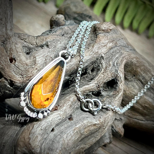 Amber Faceted Drop Natural Chiapas 925 Sterling Silver Necklace Handmade