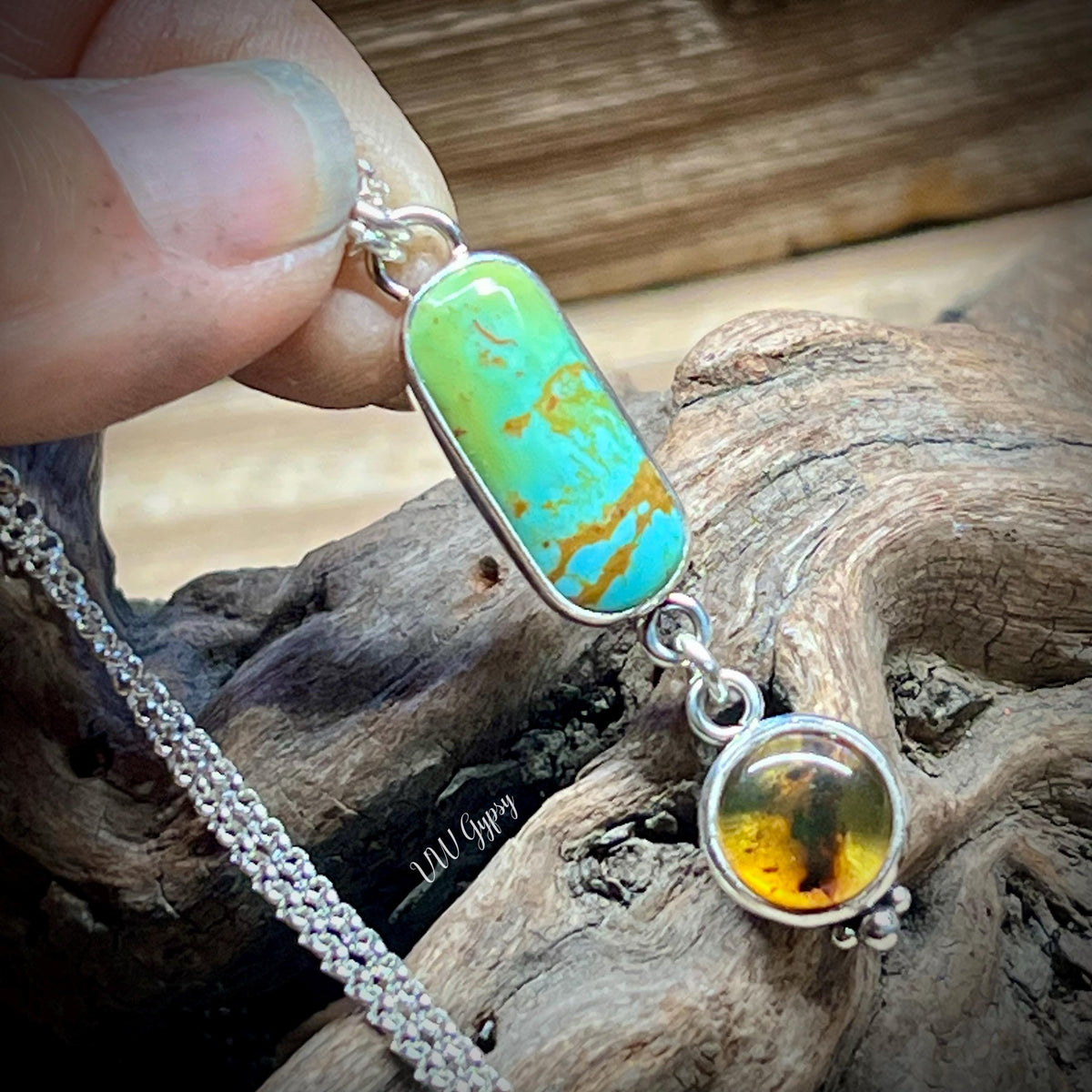 Turquoise & Amber Sterling Silver Necklace Handmade 925 Silver Natural Stone Pendant
