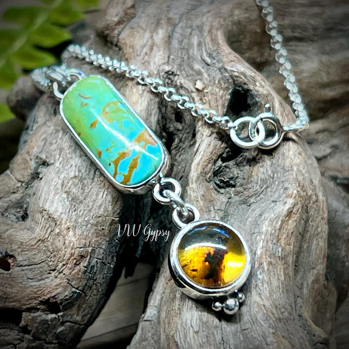 Turquoise & Amber Sterling Silver Necklace Handmade 925 Silver Natural Stone Pendant