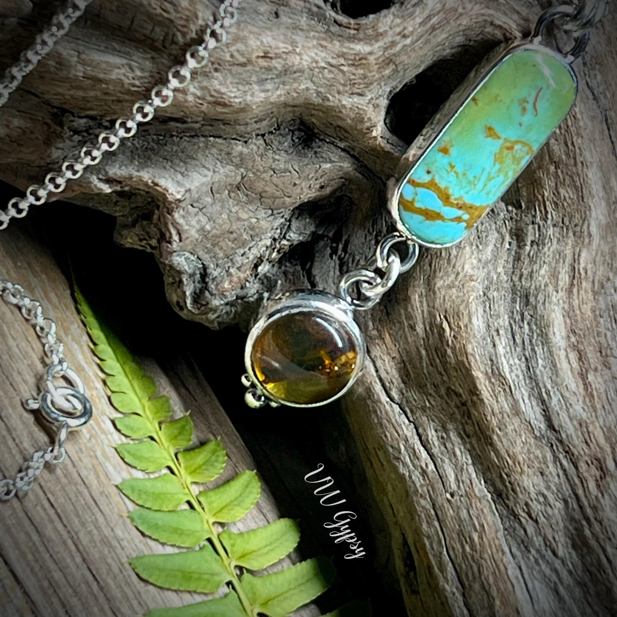 Turquoise & Amber Sterling Silver Necklace Handmade 925 Silver Natural Stone Pendant