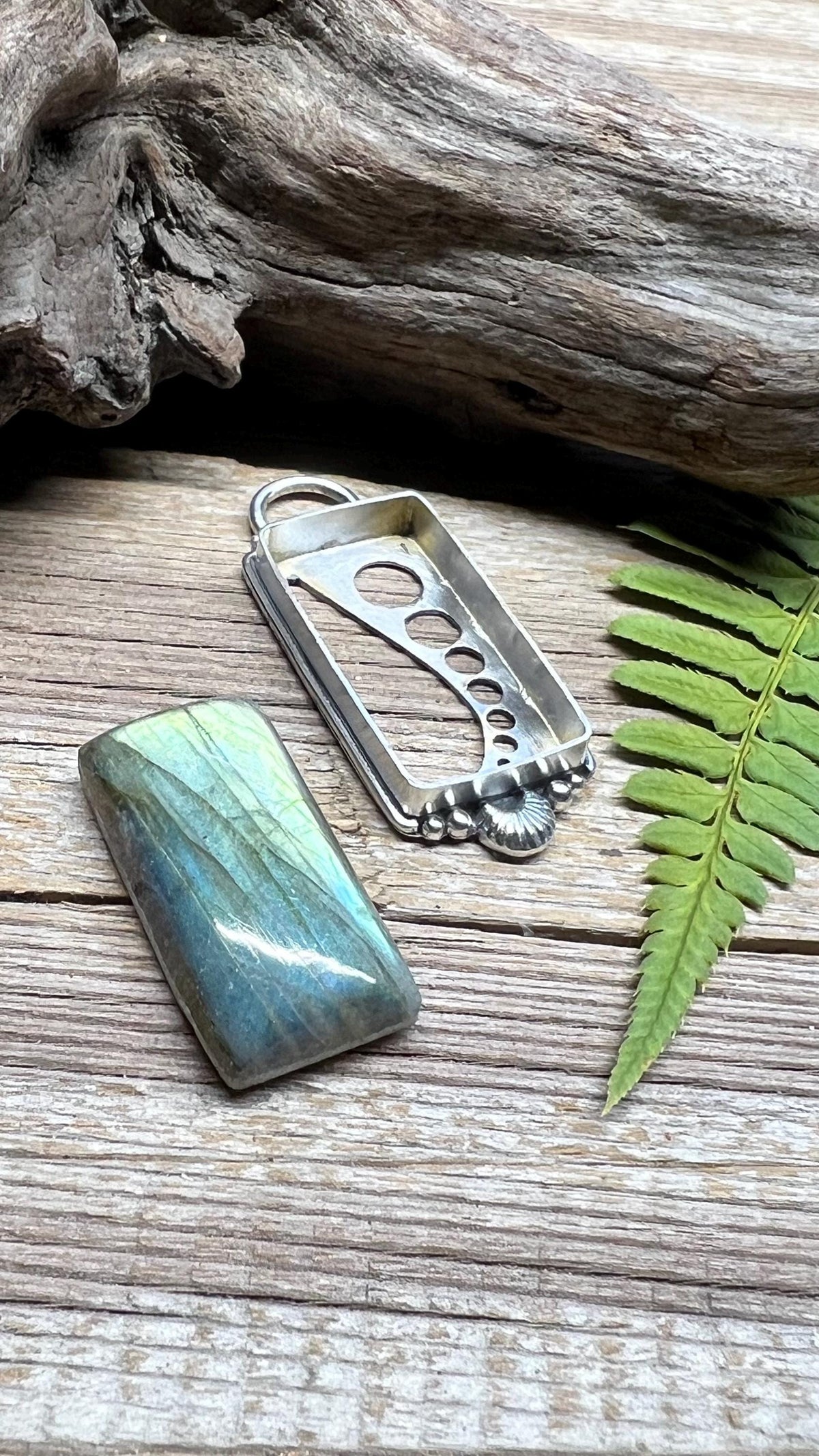 Blue & Green Labradorite Pendant – Handmade Sterling Silver Rectangle Necklace