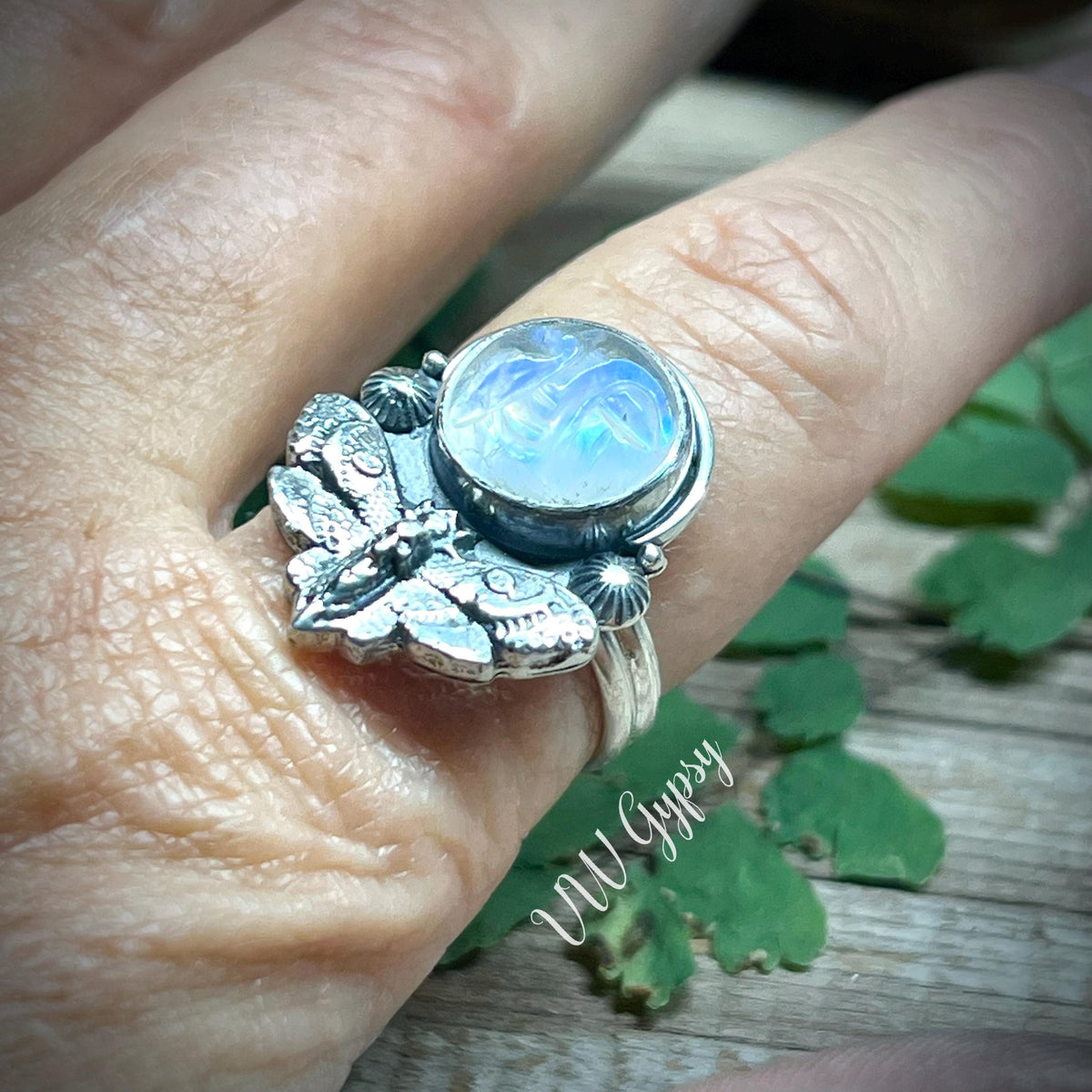 Hawk Moth Skull Moonstone Ring .925 size 10