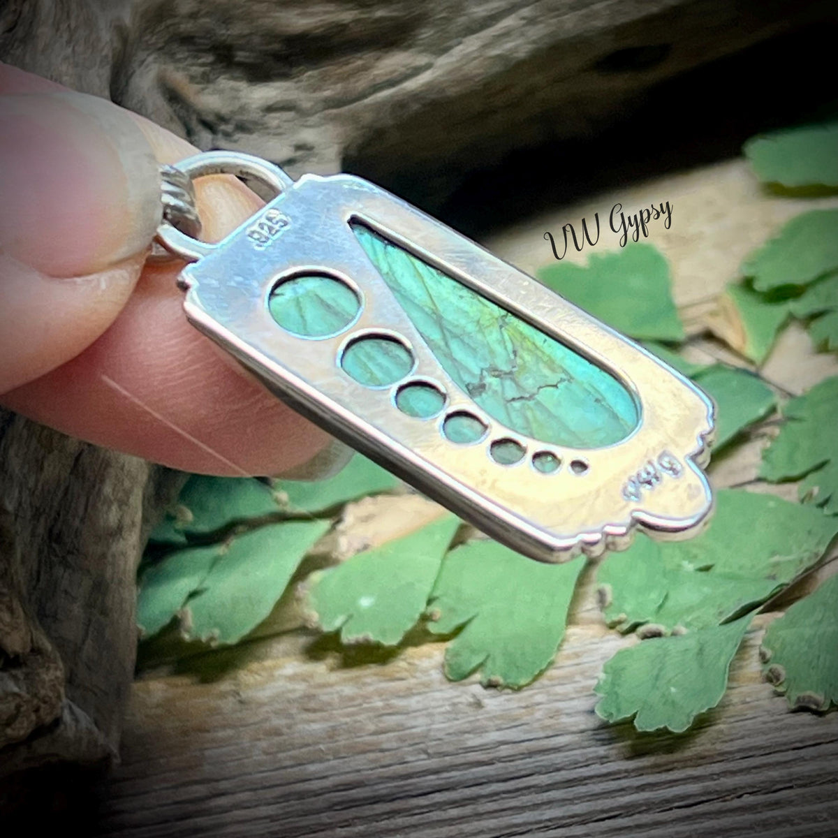 Blue & Green Labradorite Pendant – Handmade Sterling Silver Rectangle Necklace