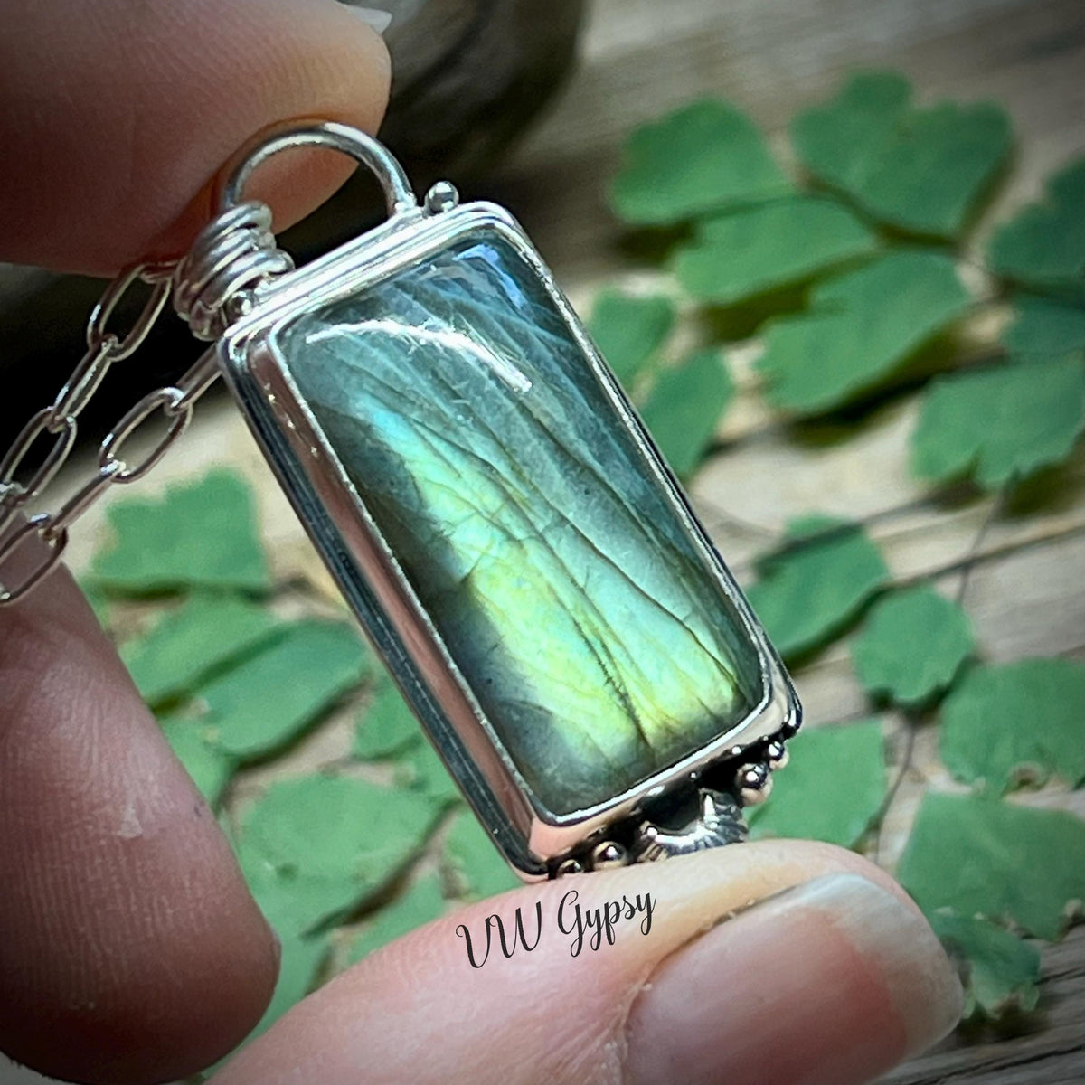 Blue & Green Labradorite Pendant – Handmade Sterling Silver Rectangle Necklace