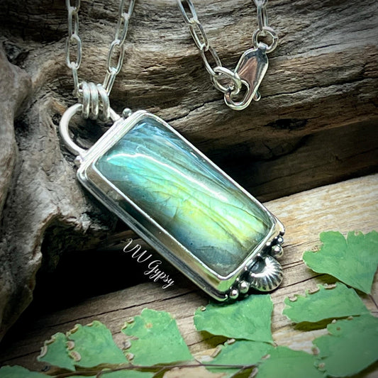 Blue & Green Labradorite Pendant – Handmade Sterling Silver Rectangle Necklace