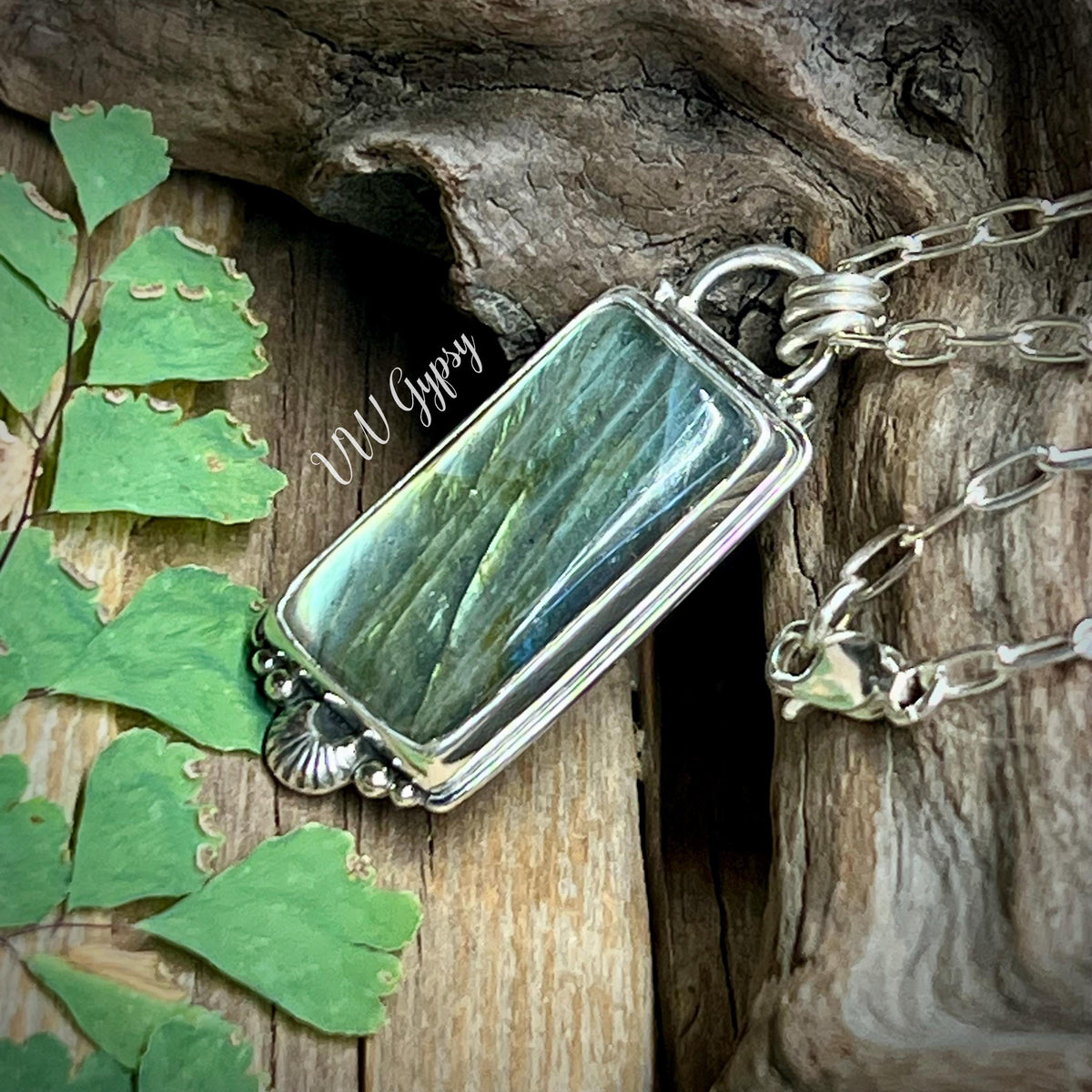 Blue & Green Labradorite Pendant – Handmade Sterling Silver Rectangle Necklace