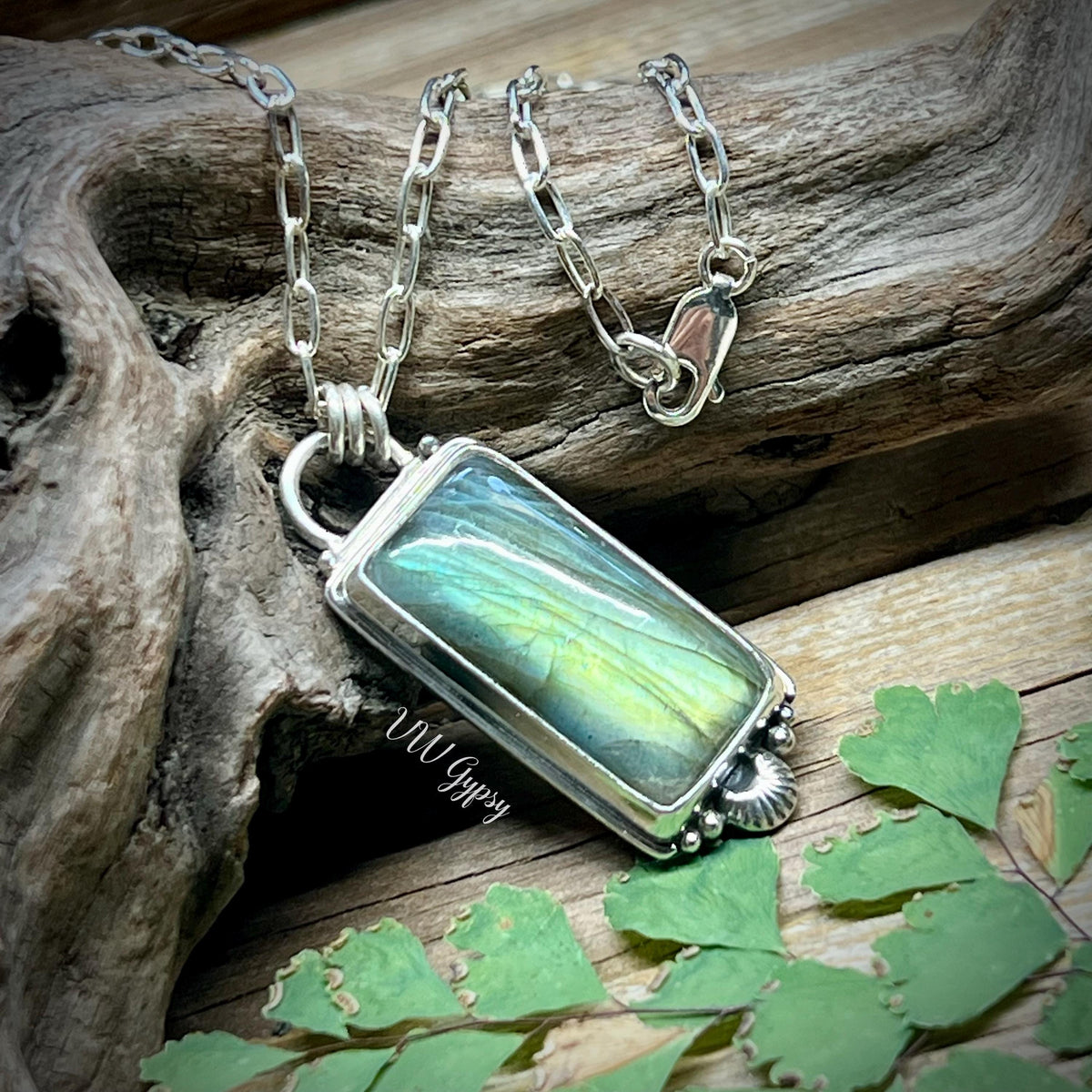 Blue & Green Labradorite Pendant – Handmade Sterling Silver Rectangle Necklace