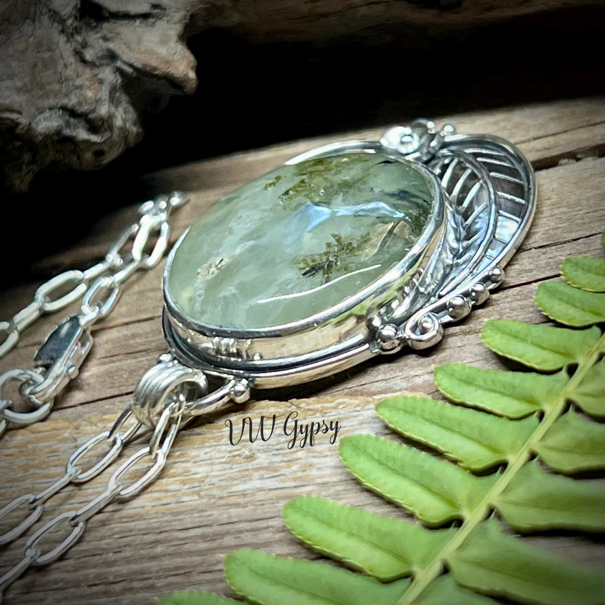 Moss Agate Floral Pendant – Handmade Sterling Silver Fern & Flower Necklace