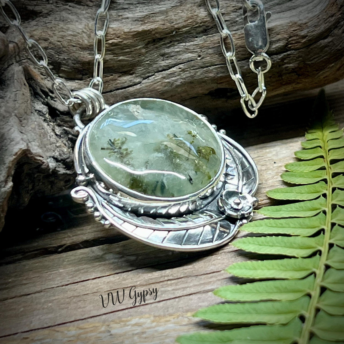 Moss Agate Floral Pendant – Handmade Sterling Silver Fern & Flower Necklace