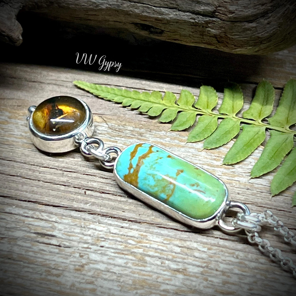 Turquoise & Amber Sterling Silver Necklace Handmade 925 Silver Natural Stone Pendant