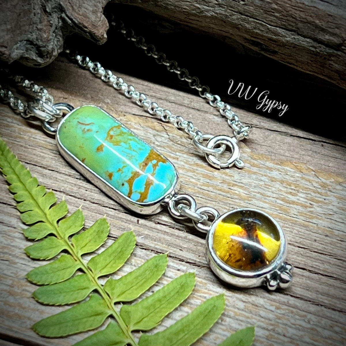 Turquoise & Amber Sterling Silver Necklace Handmade 925 Silver Natural Stone Pendant