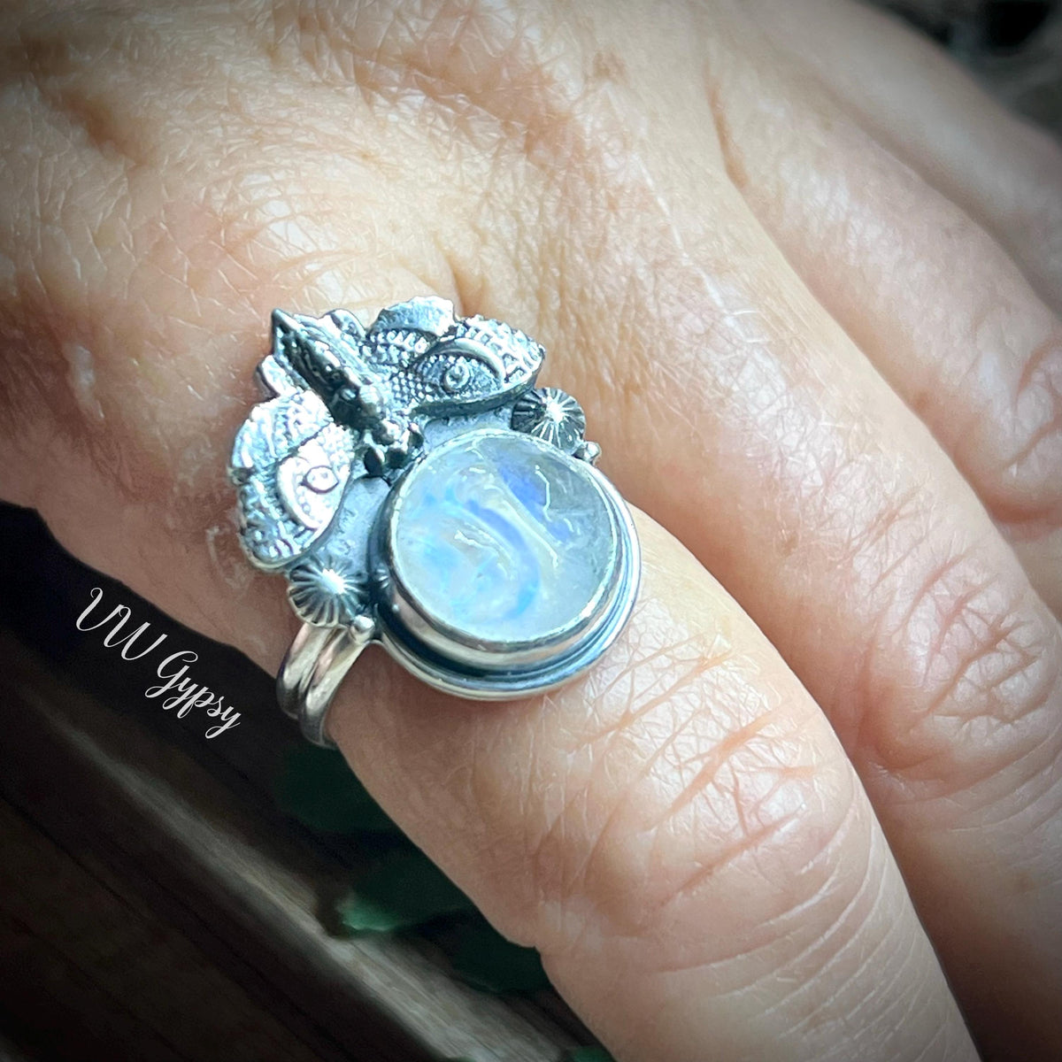 Hawk Moth Skull Moonstone Ring .925 size 10