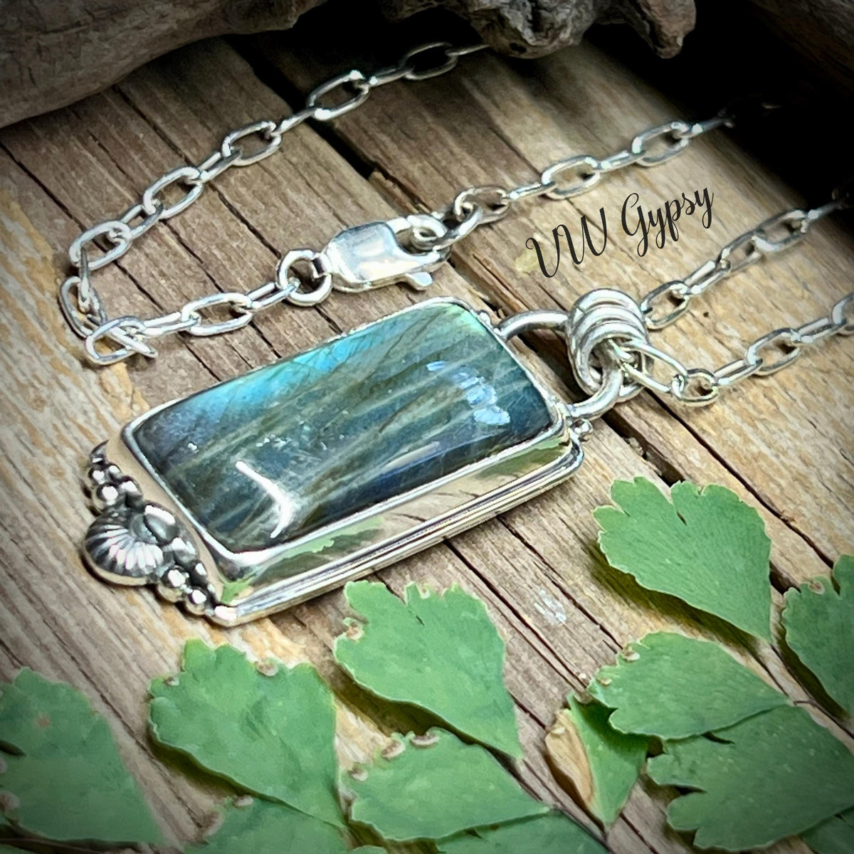 Blue & Green Labradorite Pendant – Handmade Sterling Silver Rectangle Necklace