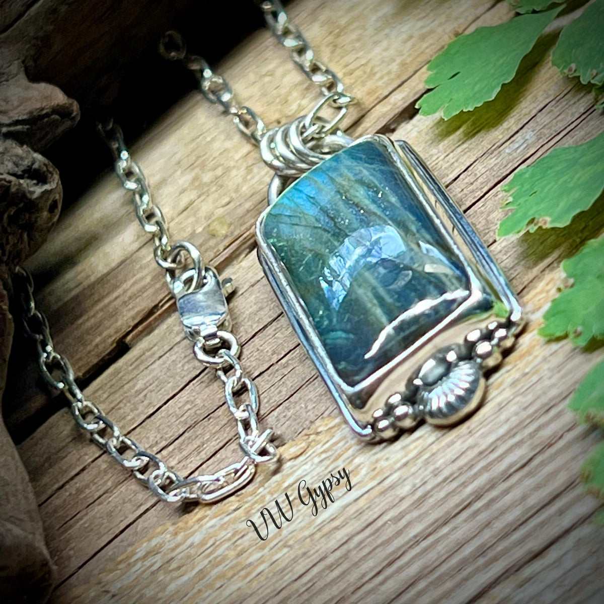 Blue & Green Labradorite Pendant – Handmade Sterling Silver Rectangle Necklace