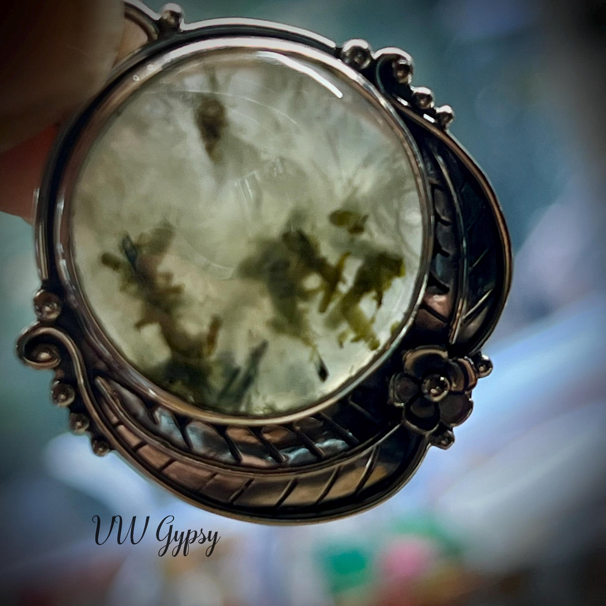 Moss Agate Floral Pendant – Handmade Sterling Silver Fern & Flower Necklace