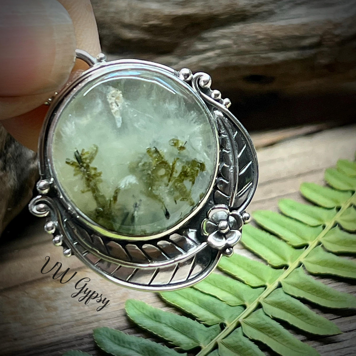 Moss Agate Floral Pendant – Handmade Sterling Silver Fern & Flower Necklace