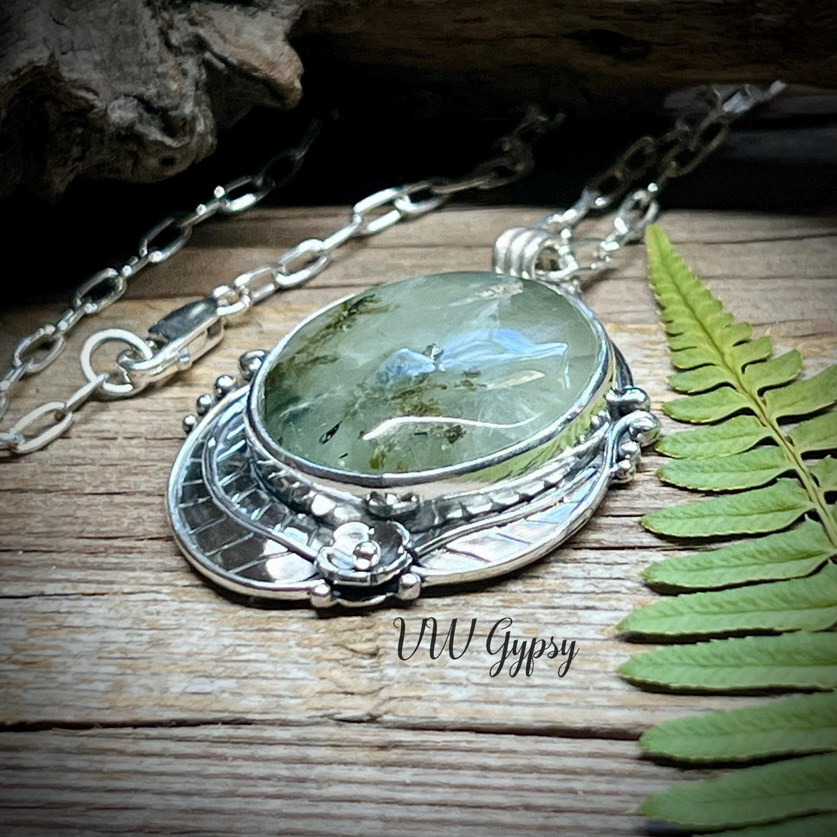Moss Agate Floral Pendant – Handmade Sterling Silver Fern & Flower Necklace