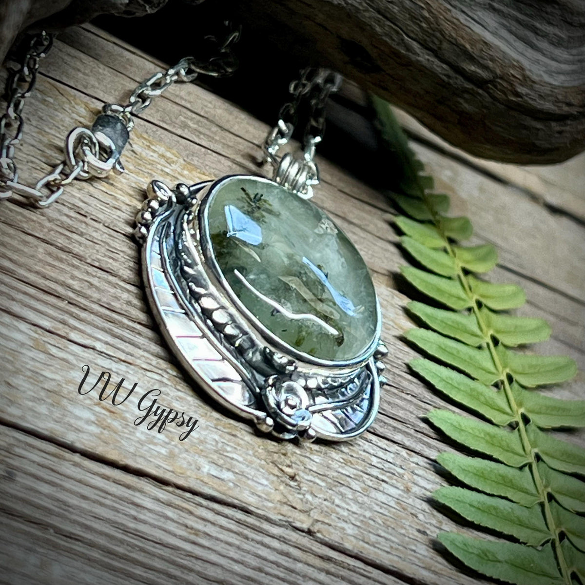 Moss Agate Floral Pendant – Handmade Sterling Silver Fern & Flower Necklace