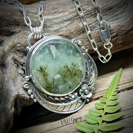 Moss Agate Floral Pendant – Handmade Sterling Silver Fern & Flower Necklace