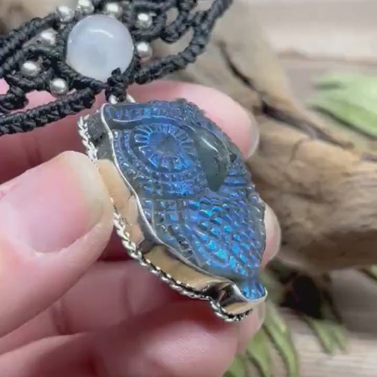 Owl Labradorite Necklace Macrame Necklace set in Sterling Silver Owl Pendant