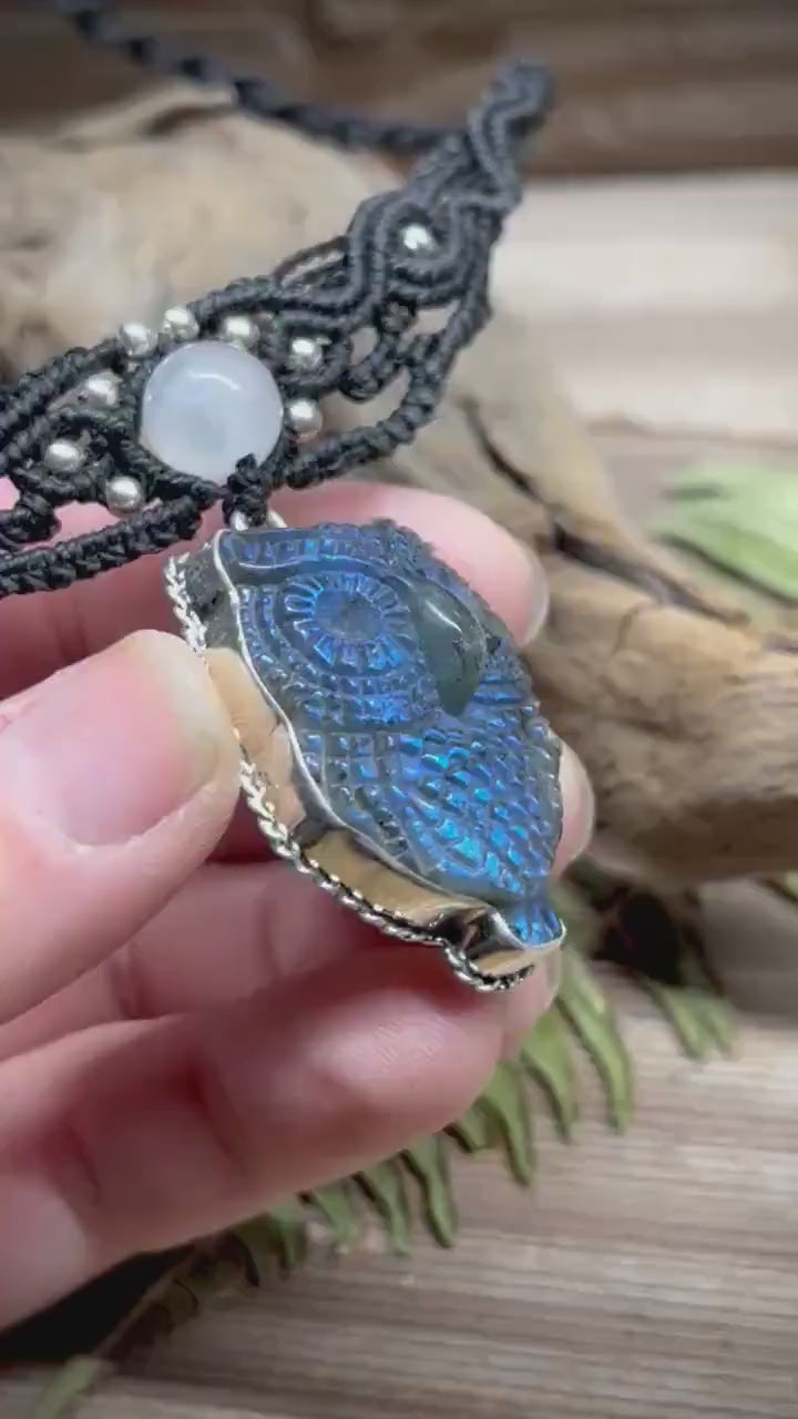 Owl Labradorite Necklace Macrame Necklace set in Sterling Silver Owl Pendant