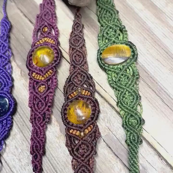 Natural Stone Macrame Bracelet Handmade Jade Amber Tiger Eye and more