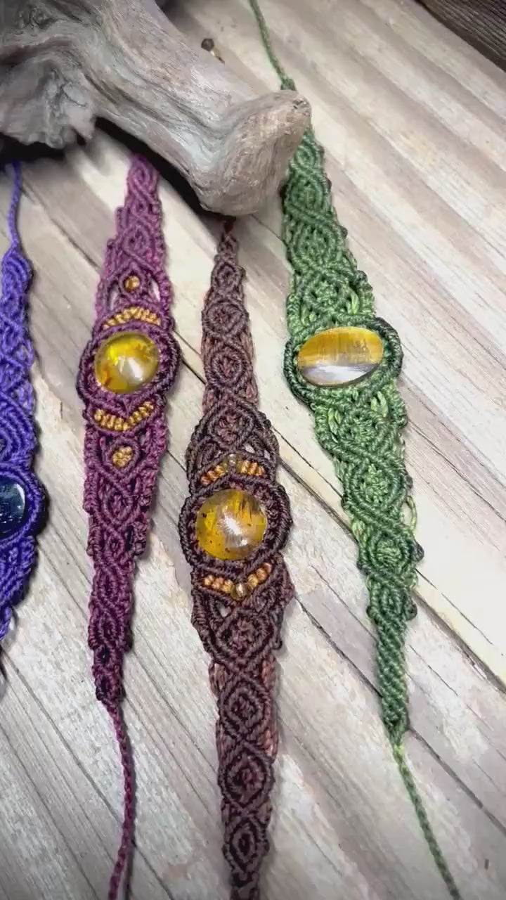 Natural Stone Macrame Bracelet Handmade Jade Amber Tiger Eye and more