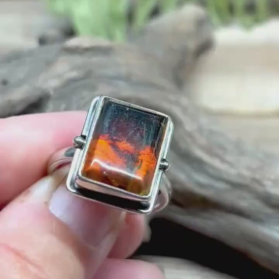 Chiapas Amber Rectangle Silver Ring .925 Size 10.5