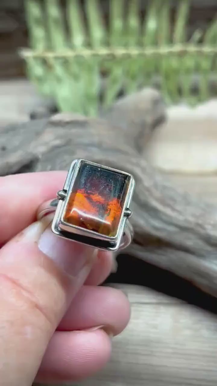 Chiapas Amber Rectangle Silver Ring .925 Size 10.5