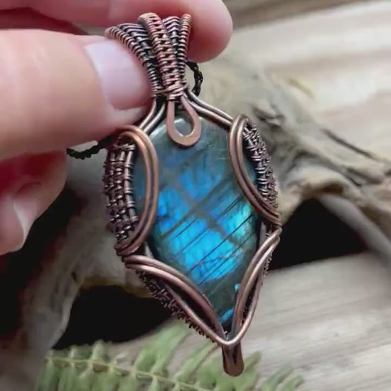 Labradorite Wire Wrap Pendant Flashy Blue Natural Gemstone