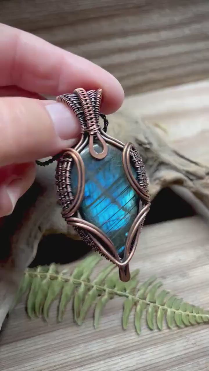 Labradorite Wire Wrap Pendant Flashy Blue Natural Gemstone