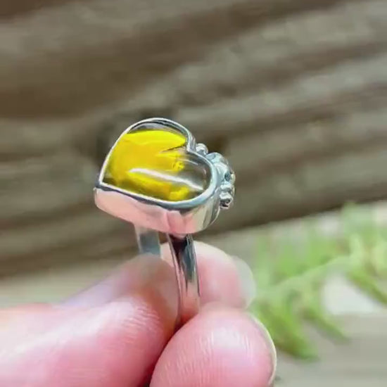 Heart Gemstone Ring Sterling Silver 925 Handmade Amber Jade or Rhodochrosite Romantic Jewelry