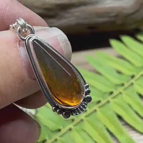 Amber Faceted Drop Natural Chiapas 925 Sterling Silver Necklace Handmade