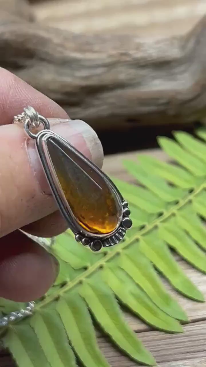 Amber Faceted Drop Natural Chiapas 925 Sterling Silver Necklace Handmade