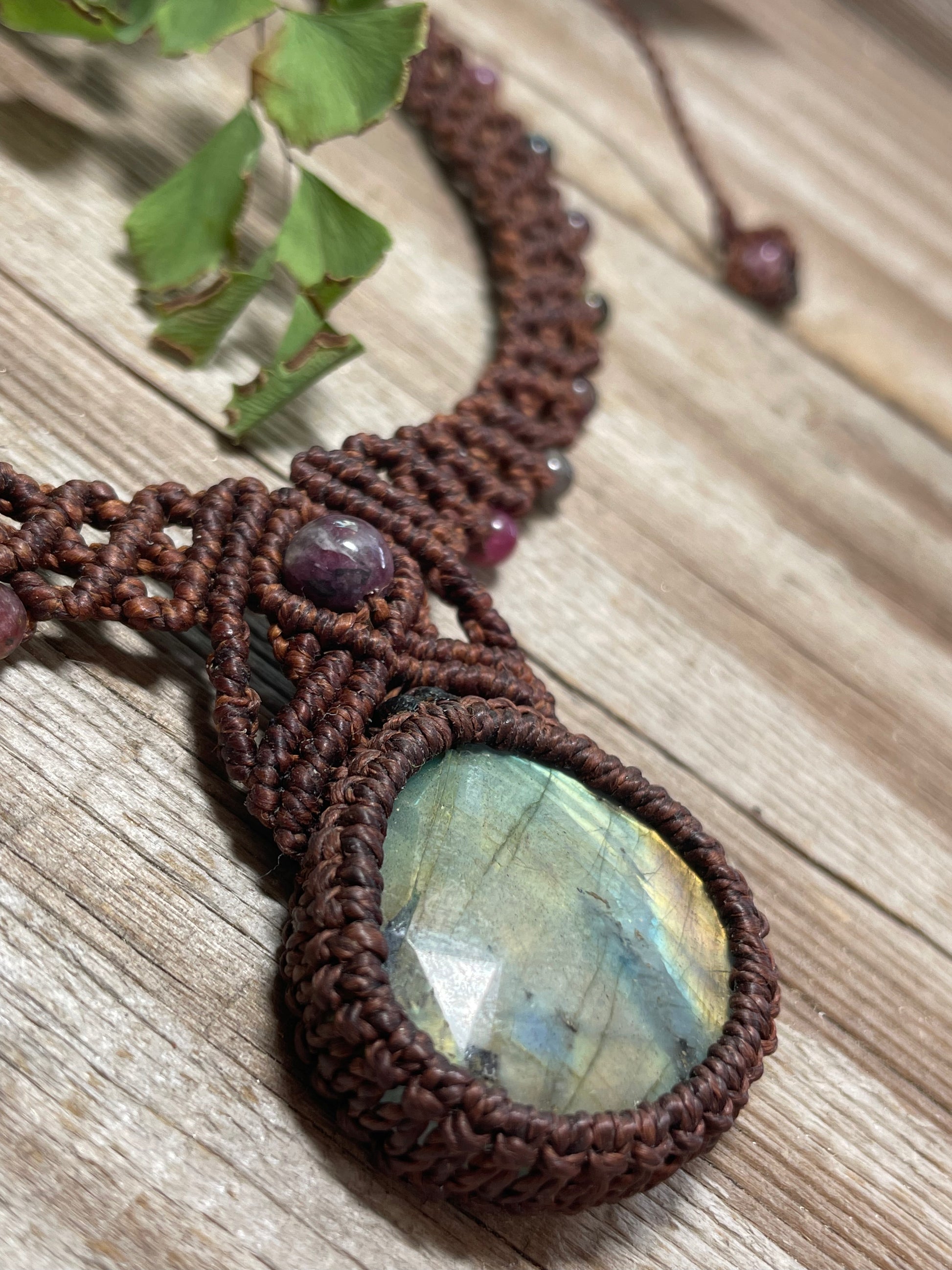 Labradorite Rainbow Tourmaline Brown Macrame Collar Necklace